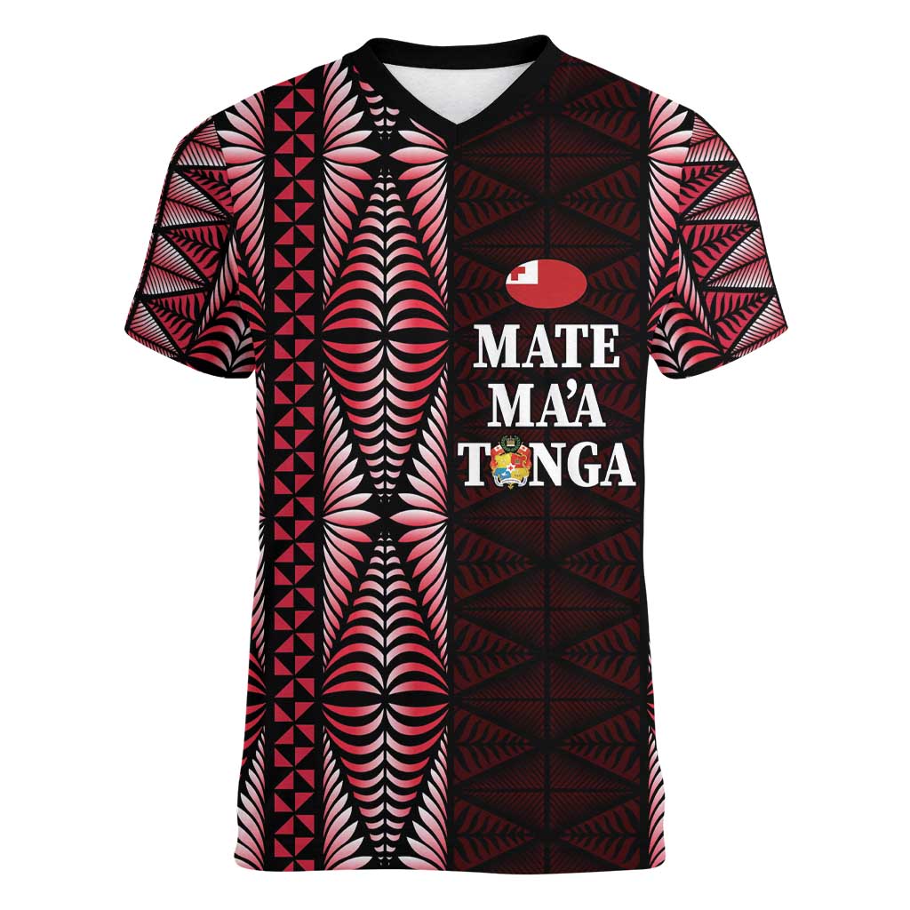 Tonga Rugby Personalised Women V-Neck T-Shirt 2025 Mate Maa Tonga Ngatu Motif - Polynesian Pride