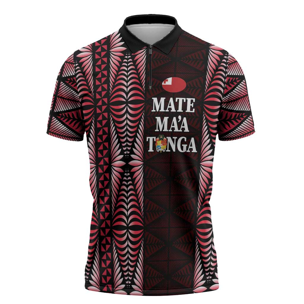 Tonga Rugby Personalised Zipper Polo Shirt 2025 Mate Maa Tonga Ngatu Motif LT14 Red - Polynesian Pride