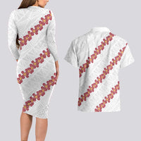 White Sunday Tonga Fakame Couples Matching Long Sleeve Bodycon Dress and Hawaiian Shirt Tongan Ngatu Heilala Lei - Polynesian Pride