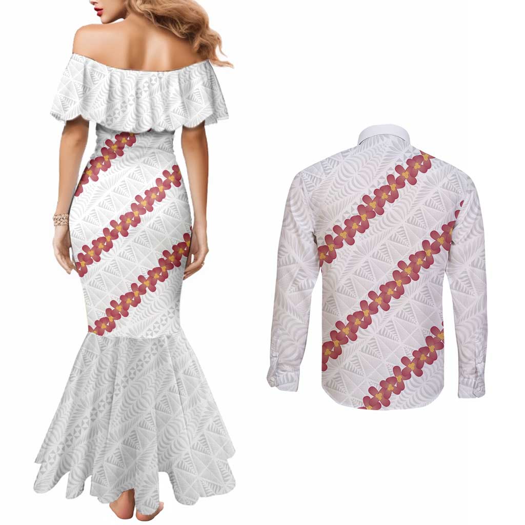 White Sunday Tonga Fakame Couples Matching Mermaid Dress and Long Sleeve Button Shirt Tongan Ngatu Heilala Lei - Polynesian Pride