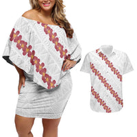 White Sunday Tonga Fakame Couples Matching Off Shoulder Short Dress and Hawaiian Shirt Tongan Ngatu Heilala Lei - Polynesian Pride