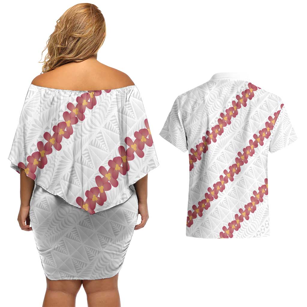 White Sunday Tonga Fakame Couples Matching Off Shoulder Short Dress and Hawaiian Shirt Tongan Ngatu Heilala Lei - Polynesian Pride