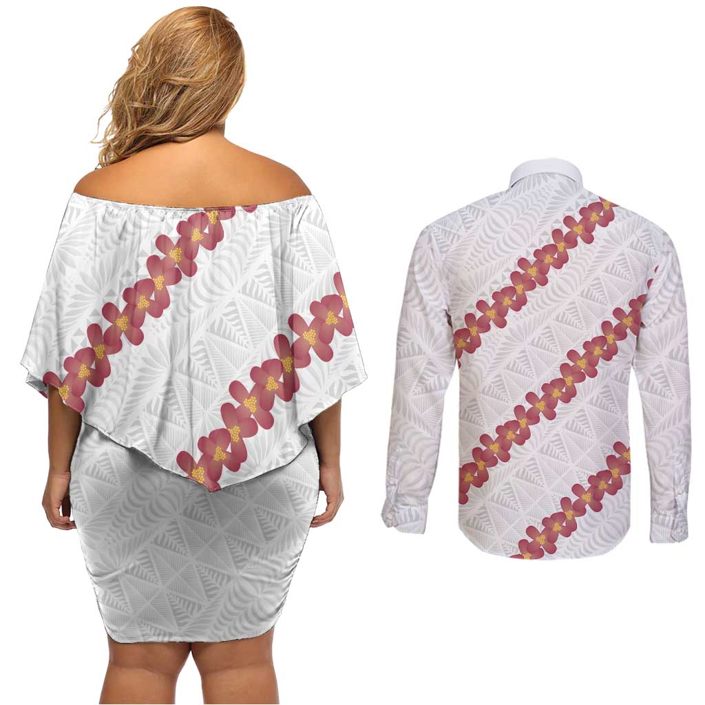 White Sunday Tonga Fakame Couples Matching Off Shoulder Short Dress and Long Sleeve Button Shirt Tongan Ngatu Heilala Lei - Polynesian Pride