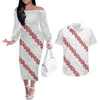White Sunday Tonga Fakame Couples Matching Off The Shoulder Long Sleeve Dress and Hawaiian Shirt Tongan Ngatu Heilala Lei - Polynesian Pride