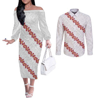 White Sunday Tonga Fakame Couples Matching Off The Shoulder Long Sleeve Dress and Long Sleeve Button Shirt Tongan Ngatu Heilala Lei - Polynesian Pride