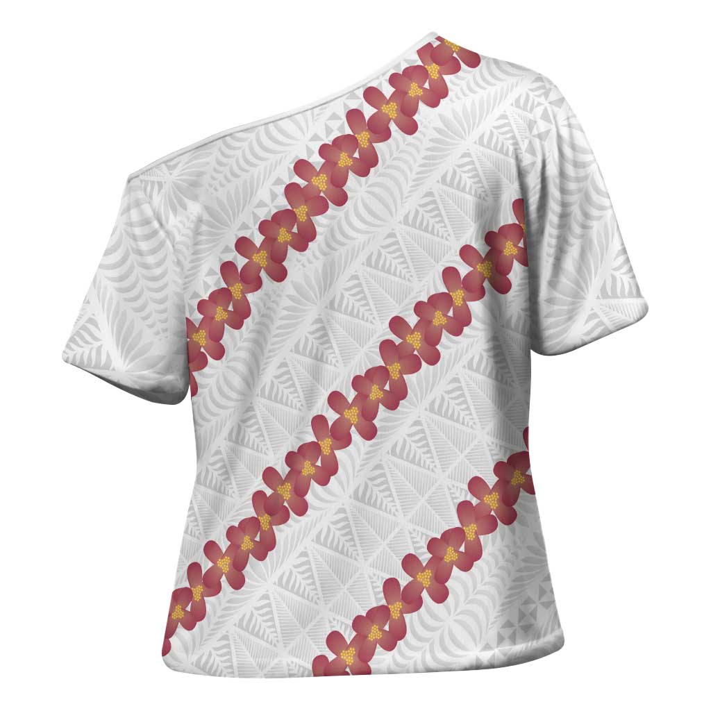 White Sunday Tonga Fakame Cross Shoulder Shirt Tongan Ngatu Heilala Lei - Polynesian Pride