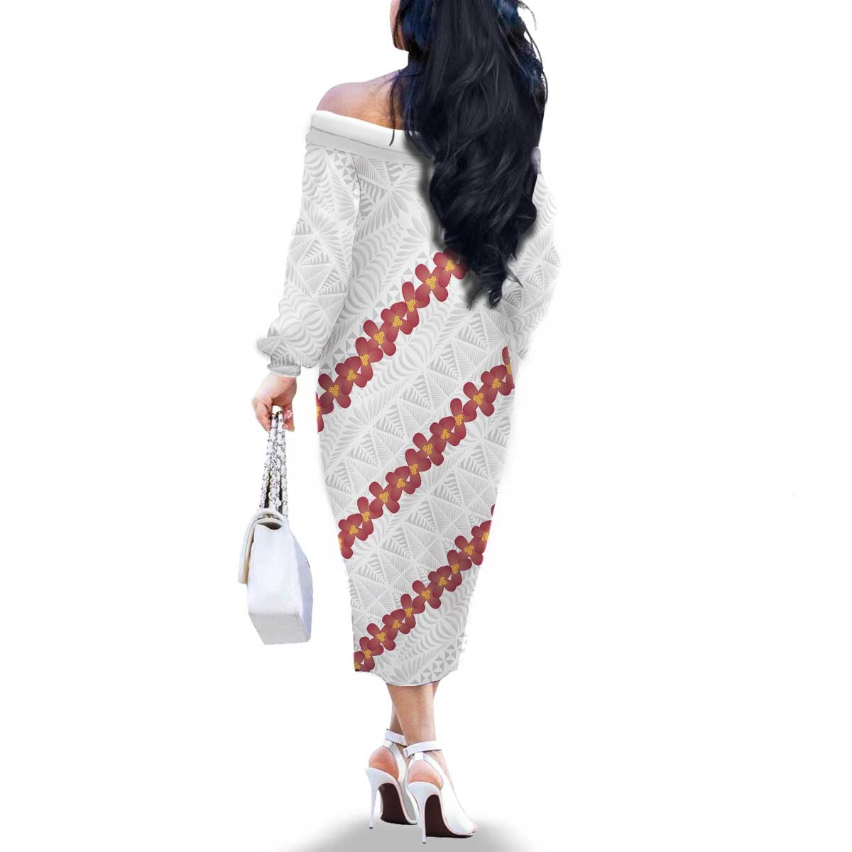 White Sunday Tonga Fakame Family Matching Off The Shoulder Long Sleeve Dress and Hawaiian Shirt Tongan Ngatu Heilala Lei - Polynesian Pride