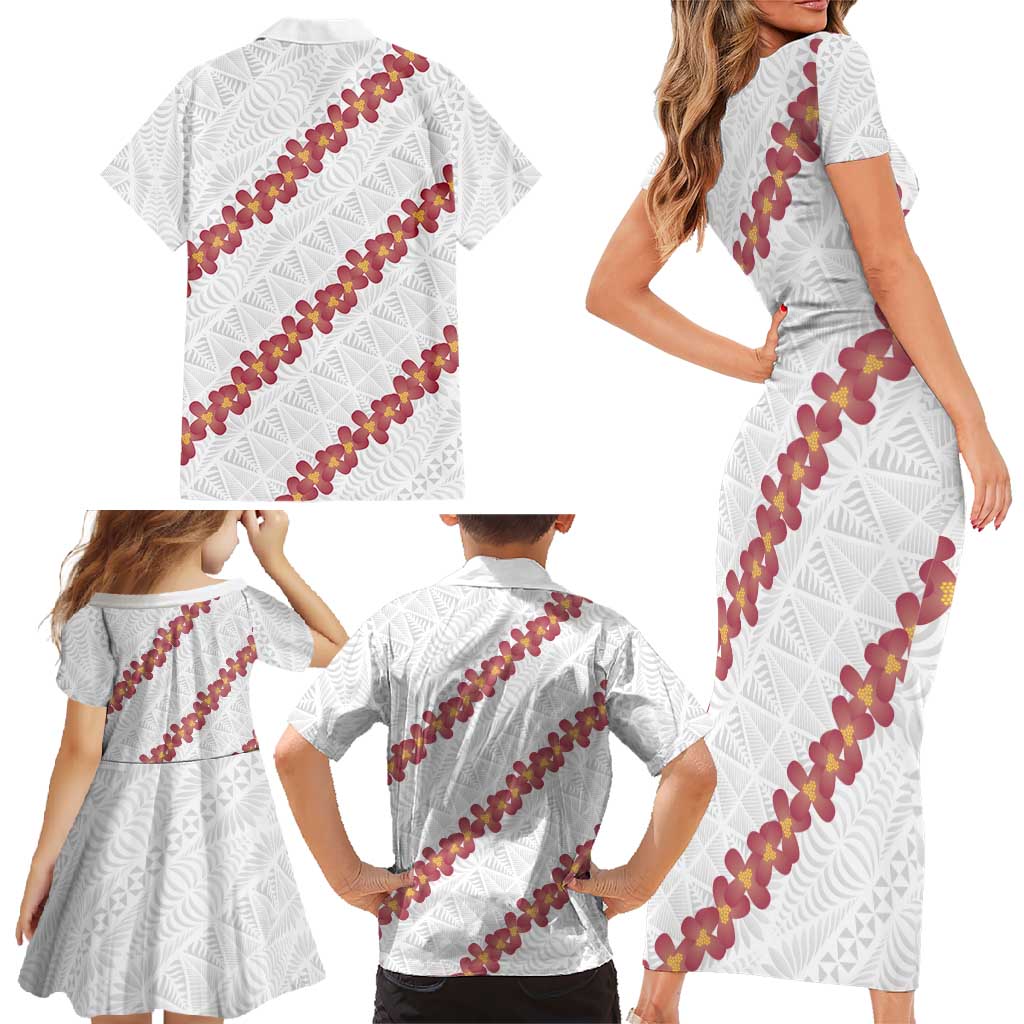 White Sunday Tonga Fakame Family Matching Short Sleeve Bodycon Dress and Hawaiian Shirt Tongan Ngatu Heilala Lei - Polynesian Pride