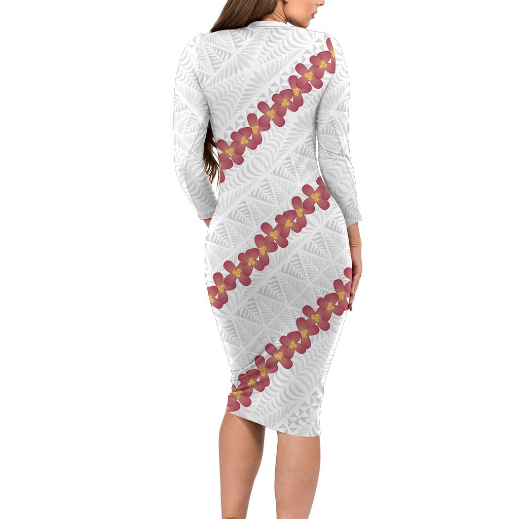 White Sunday Tonga Fakame Long Sleeve Bodycon Dress Tongan Ngatu Heilala Lei - Polynesian Pride