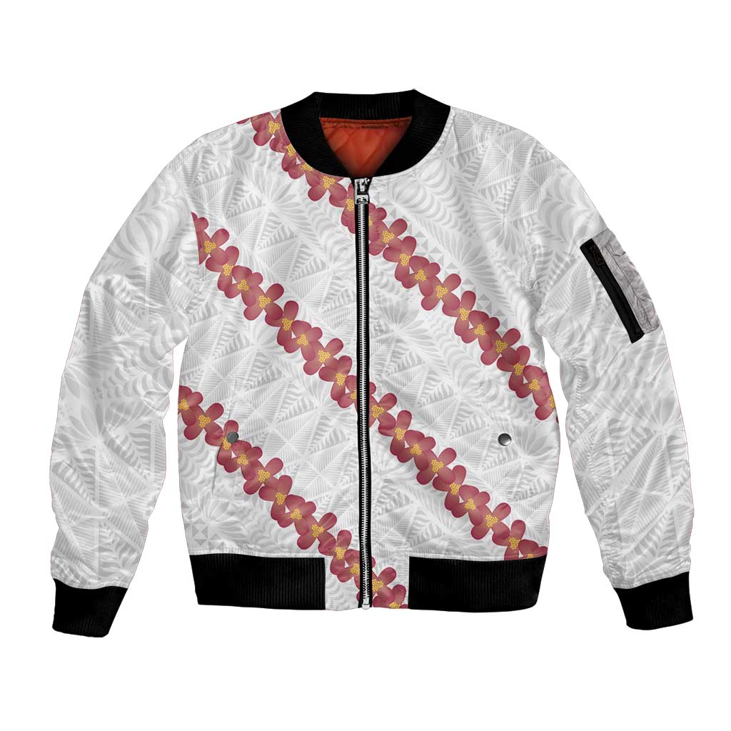 White Sunday Tonga Fakame Sleeve Zip Bomber Jacket Tongan Ngatu Heilala Lei - Polynesian Pride