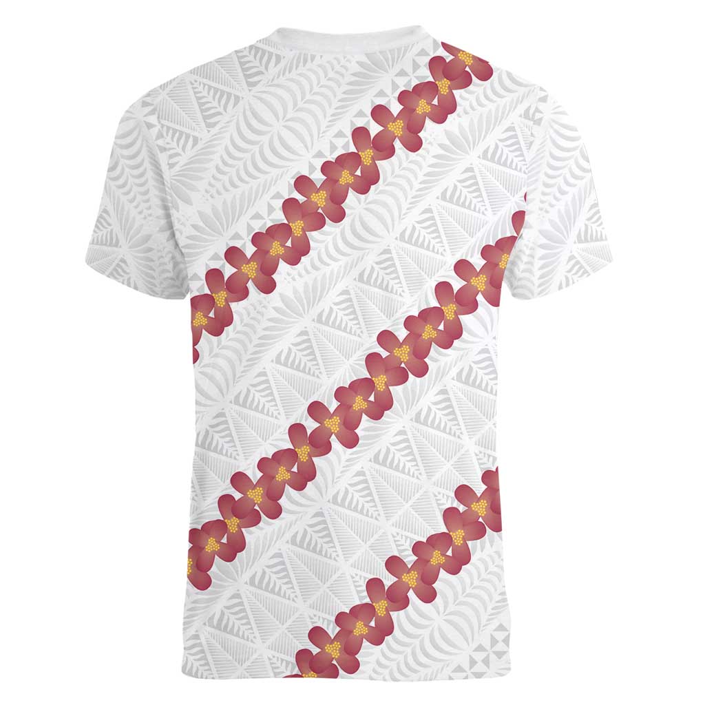 White Sunday Tonga Fakame Women V-Neck T-Shirt Tongan Ngatu Heilala Lei - Polynesian Pride