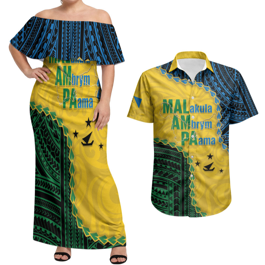 Personalised Malampa Province Vanuatu Couples Matching Off Shoulder Maxi Dress and Hawaiian Shirt Map With Polynesian Pattern LT14 Multicolor - Polynesian Pride