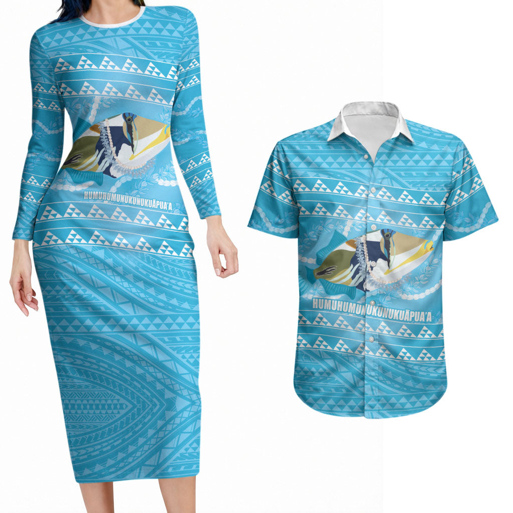 Aloha Hawaii Humuhumu Reef Triggerfish Couples Matching Long Sleeve Bodycon Dress and Hawaiian Shirt Hawaiian Leis Kakau Pattern LT14 Blue - Polynesian Pride