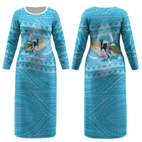 Aloha Hawaii Humuhumu Reef Triggerfish Couples Matching Long Sleeve Bodycon Dress and Hawaiian Shirt Hawaiian Leis Kakau Pattern LT14 - Polynesian Pride