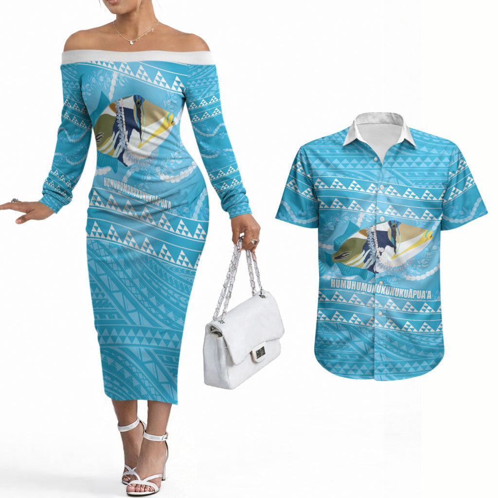 Aloha Hawaii Humuhumu Reef Triggerfish Couples Matching Off The Shoulder Long Sleeve Dress and Hawaiian Shirt Hawaiian Leis Kakau Pattern LT14 Blue - Polynesian Pride