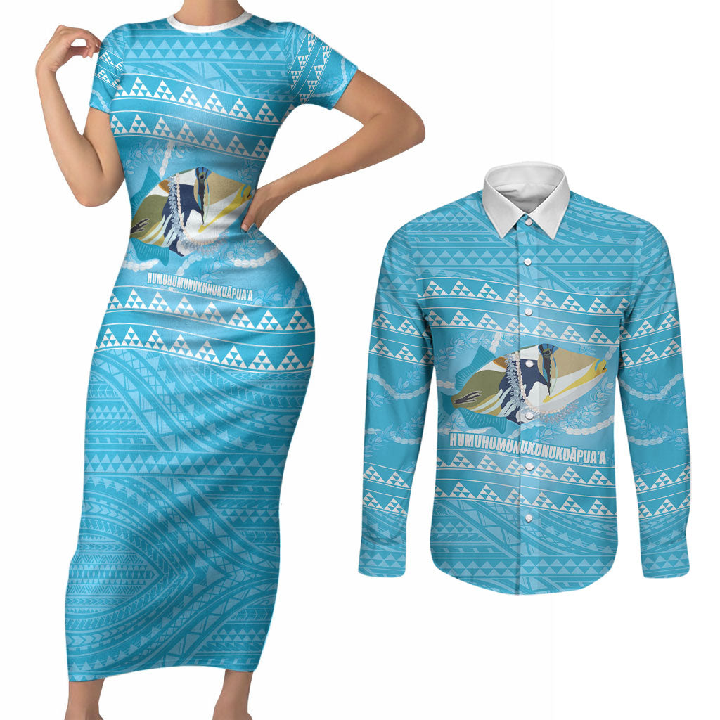 Aloha Hawaii Humuhumu Reef Triggerfish Couples Matching Short Sleeve Bodycon Dress and Long Sleeve Button Shirt Hawaiian Leis Kakau Pattern LT14 Blue - Polynesian Pride