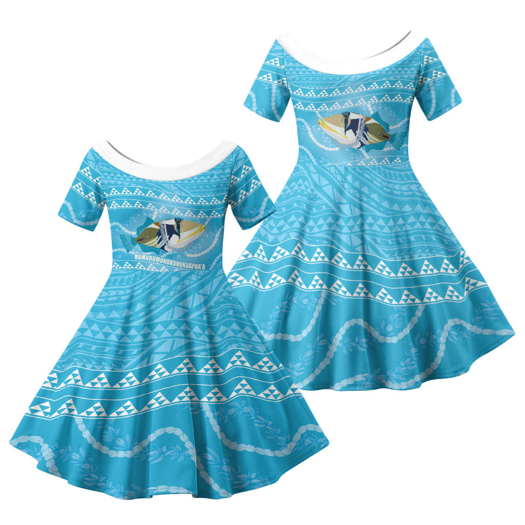 Aloha Hawaii Humuhumu Reef Triggerfish Family Matching Long Sleeve Bodycon Dress and Hawaiian Shirt Hawaiian Leis Kakau Pattern LT14 Daughter's Dress Blue - Polynesian Pride
