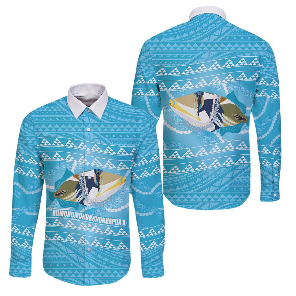 Aloha Hawaii Humuhumu Reef Triggerfish Family Matching Off The Shoulder Long Sleeve Dress and Hawaiian Shirt Hawaiian Leis Kakau Pattern LT14 Dad's Shirt - Long Sleeve Blue - Polynesian Pride