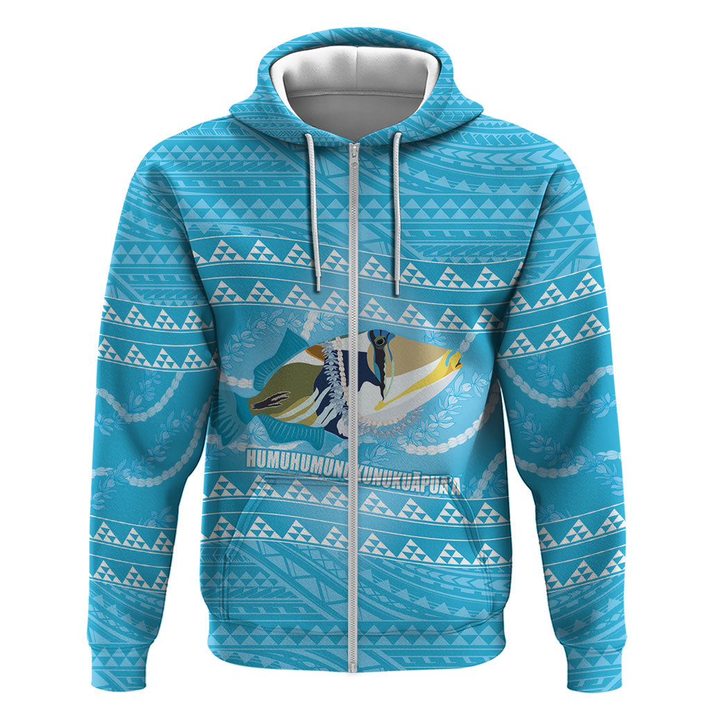 Aloha Hawaii Humuhumu Reef Triggerfish Hoodie Hawaiian Leis Kakau Pattern LT14 Zip Hoodie Blue - Polynesian Pride