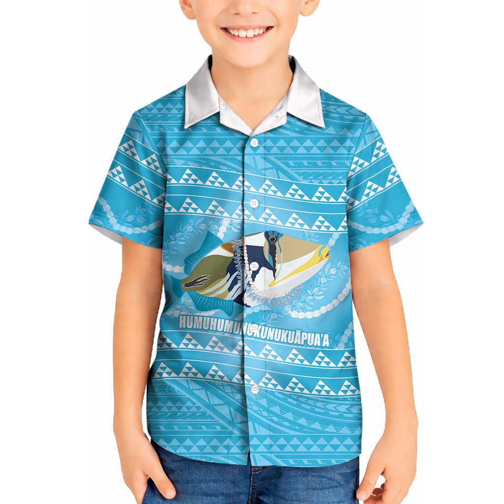 Aloha Hawaii Humuhumu Reef Triggerfish Kid Hawaiian Shirt Hawaiian Leis Kakau Pattern LT14 Kid Blue - Polynesian Pride