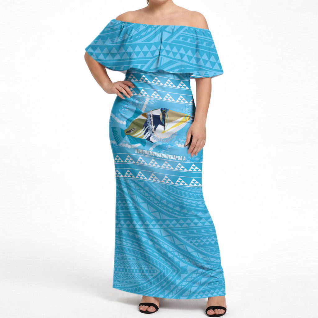 Aloha Hawaii Humuhumu Reef Triggerfish Off Shoulder Maxi Dress Hawaiian Leis Kakau Pattern LT14 Women Blue - Polynesian Pride