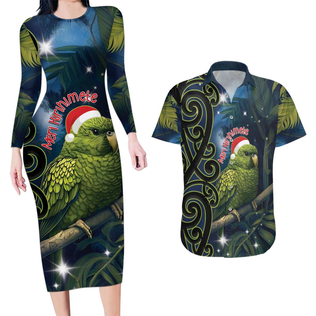 New Zealand Christmas Couples Matching Long Sleeve Bodycon Dress and Hawaiian Shirt Cute Kakapo Meri Kirihimete Maori Koru