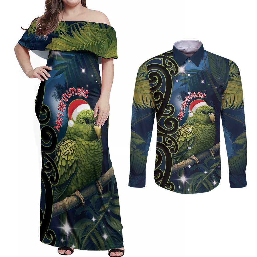 New Zealand Christmas Couples Matching Off Shoulder Maxi Dress and Long Sleeve Button Shirt Cute Kakapo Meri Kirihimete Maori Koru