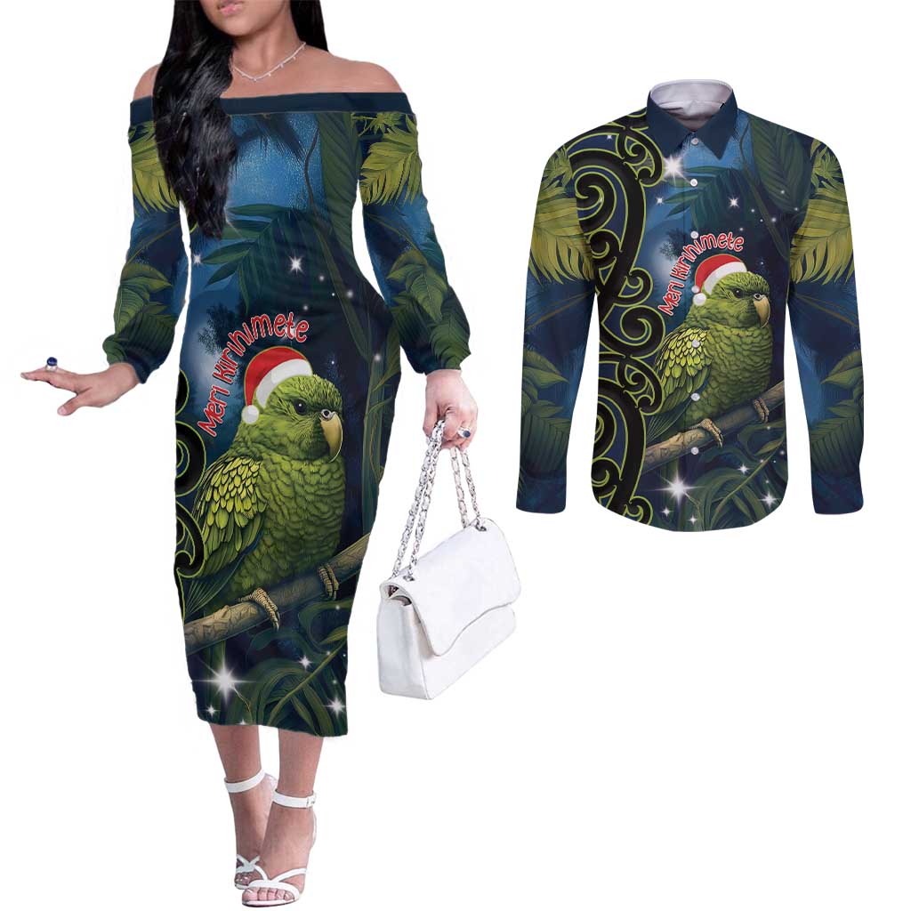 New Zealand Christmas Couples Matching Off The Shoulder Long Sleeve Dress and Long Sleeve Button Shirt Cute Kakapo Meri Kirihimete Maori Koru LT14 Blue - Polynesian Pride