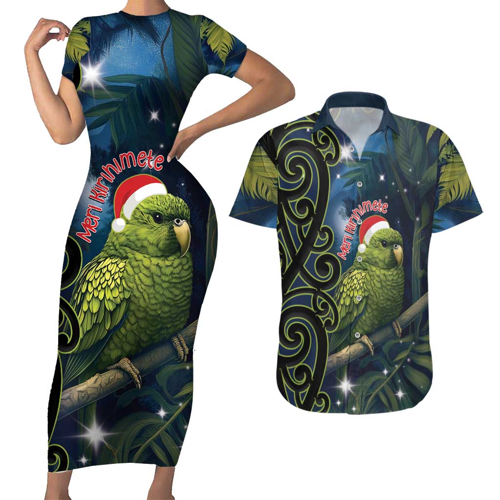 New Zealand Christmas Couples Matching Short Sleeve Bodycon Dress and Hawaiian Shirt Cute Kakapo Meri Kirihimete Maori Koru LT14 Blue - Polynesian Pride