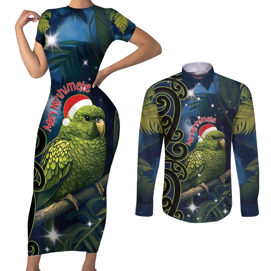 New Zealand Christmas Couples Matching Short Sleeve Bodycon Dress and Long Sleeve Button Shirt Cute Kakapo Meri Kirihimete Maori Koru