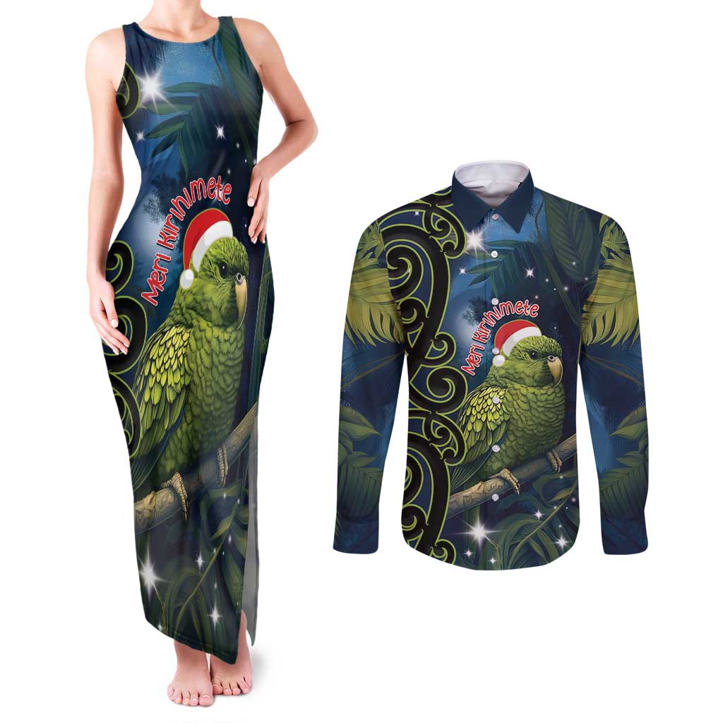 New Zealand Christmas Couples Matching Tank Maxi Dress and Long Sleeve Button Shirt Cute Kakapo Meri Kirihimete Maori Koru