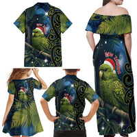 New Zealand Christmas Family Matching Off Shoulder Maxi Dress and Hawaiian Shirt Cute Kakapo Meri Kirihimete Maori Koru