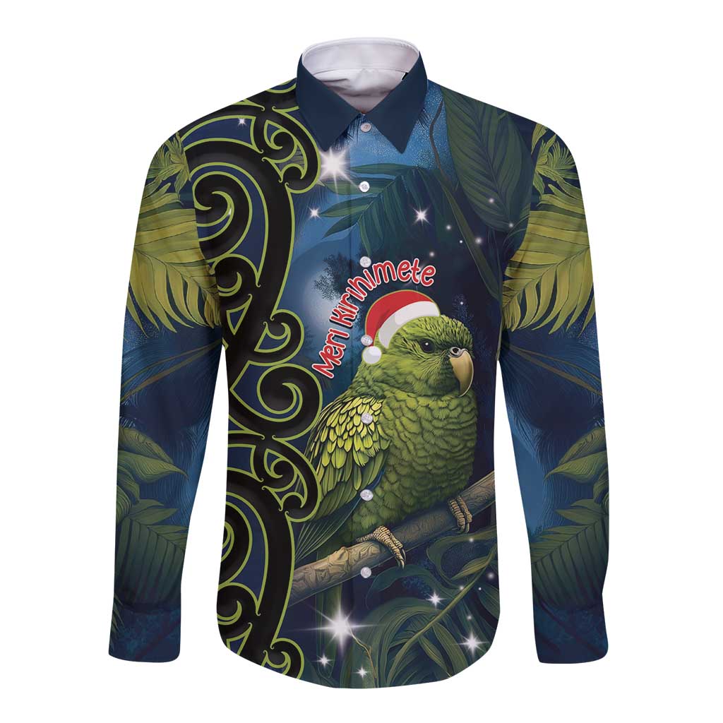 New Zealand Christmas Long Sleeve Button Shirt Cute Kakapo Meri Kirihimete Maori Koru