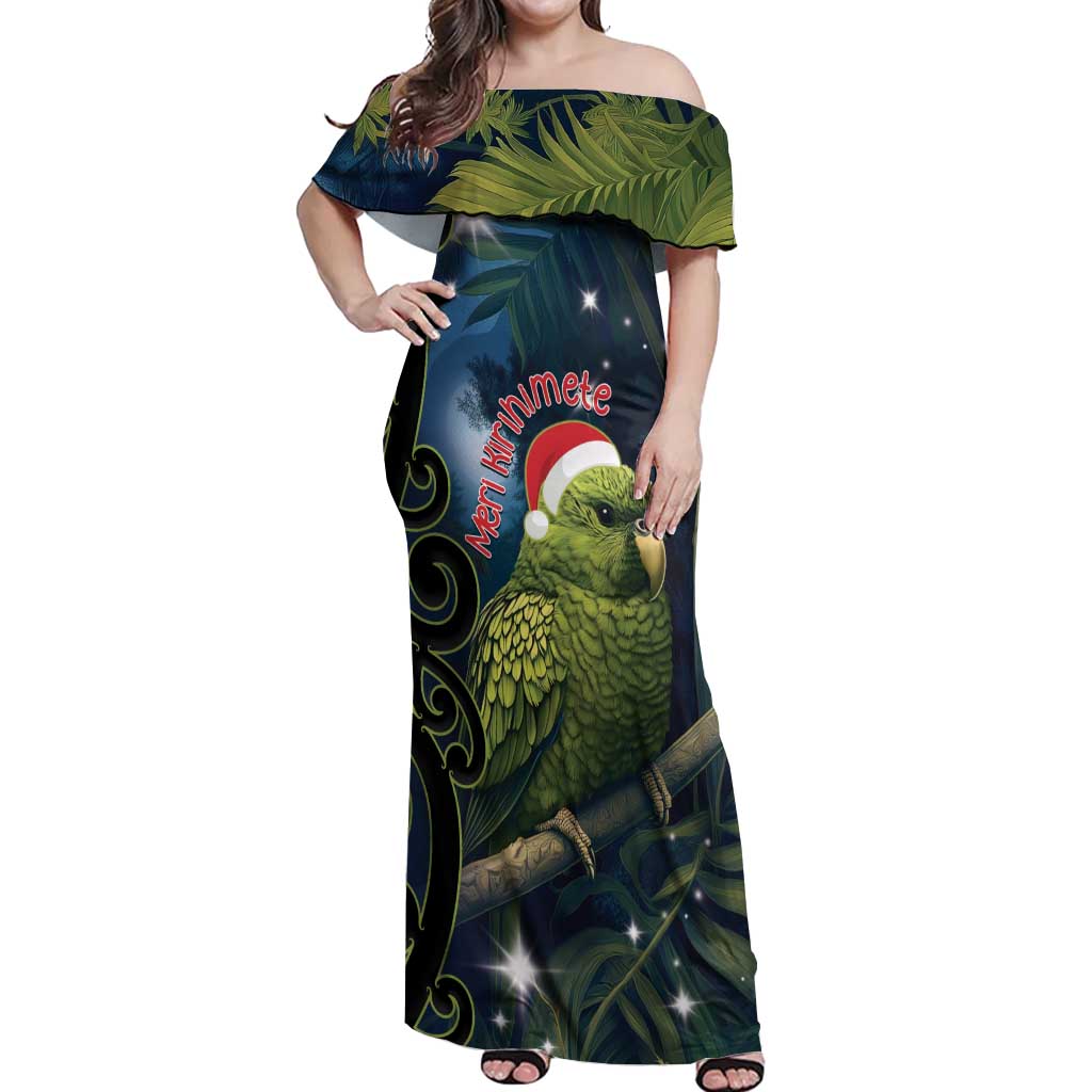 New Zealand Christmas Off Shoulder Maxi Dress Cute Kakapo Meri Kirihimete Maori Koru