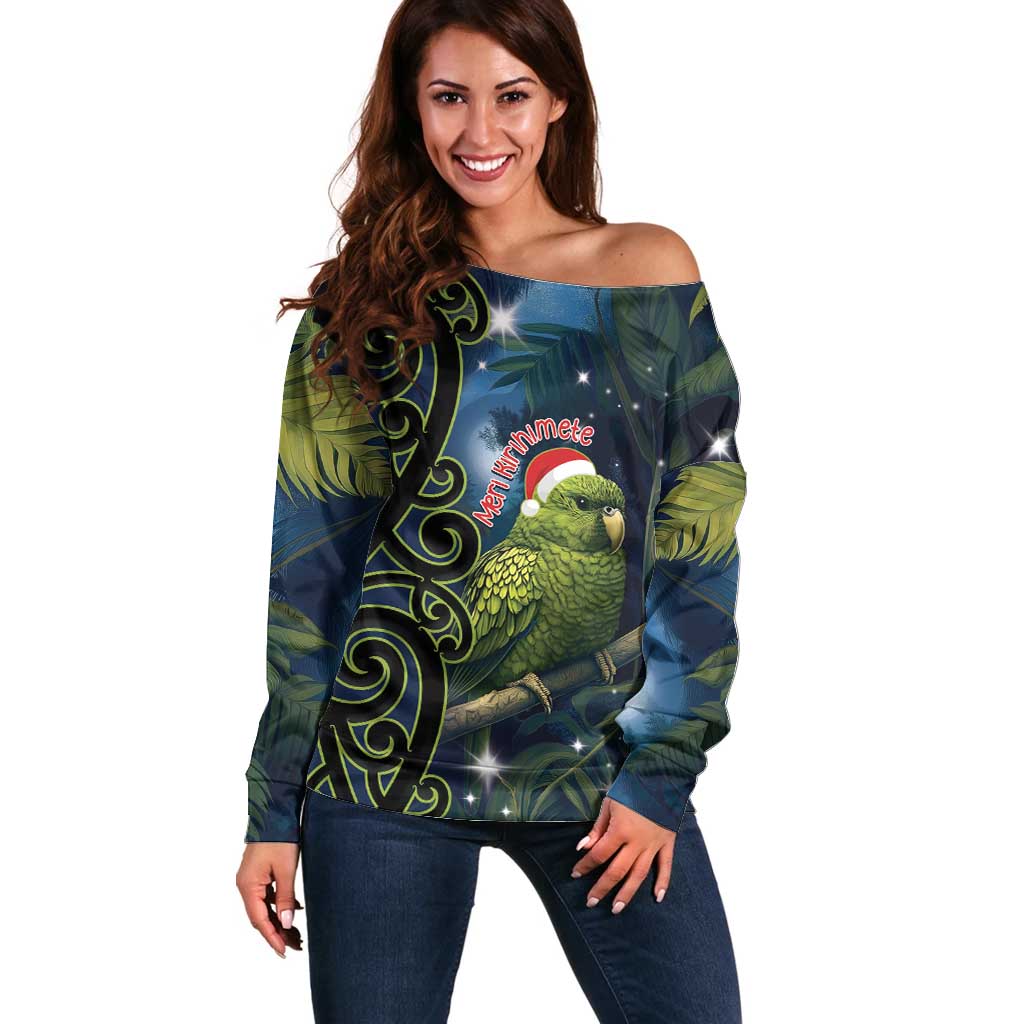 New Zealand Christmas Off Shoulder Sweater Cute Kakapo Meri Kirihimete Maori Koru