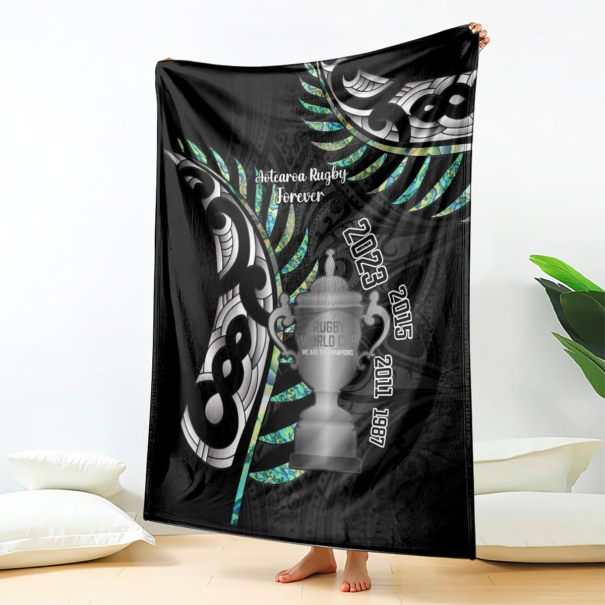 Personalised New Zealand Silver Fern Rugby Blanket Paua Shell With Champions Trophy History NZ Forever LT14 Black - Polynesian Pride