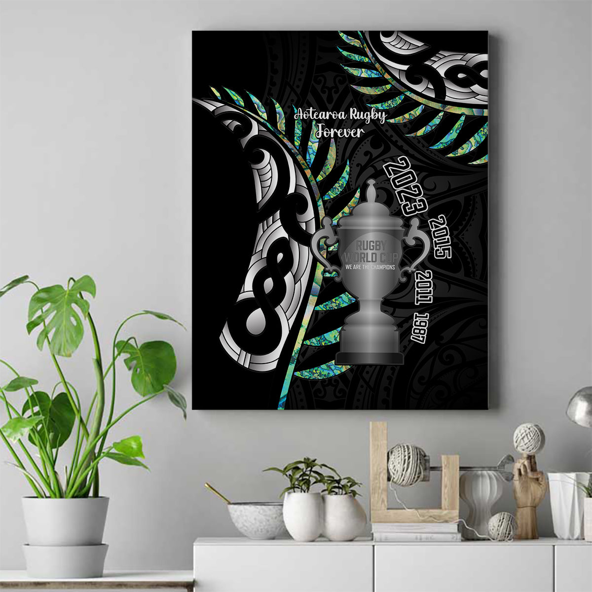 Personalised New Zealand Silver Fern Rugby Canvas Wall Art Paua Shell With Champions Trophy History NZ Forever LT14 Black - Polynesian Pride