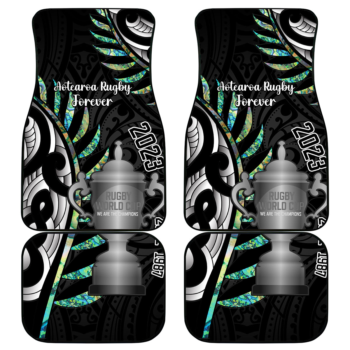 Personalised New Zealand Silver Fern Rugby Car Mats Paua Shell With Champions Trophy History NZ Forever LT14 Black - Polynesian Pride