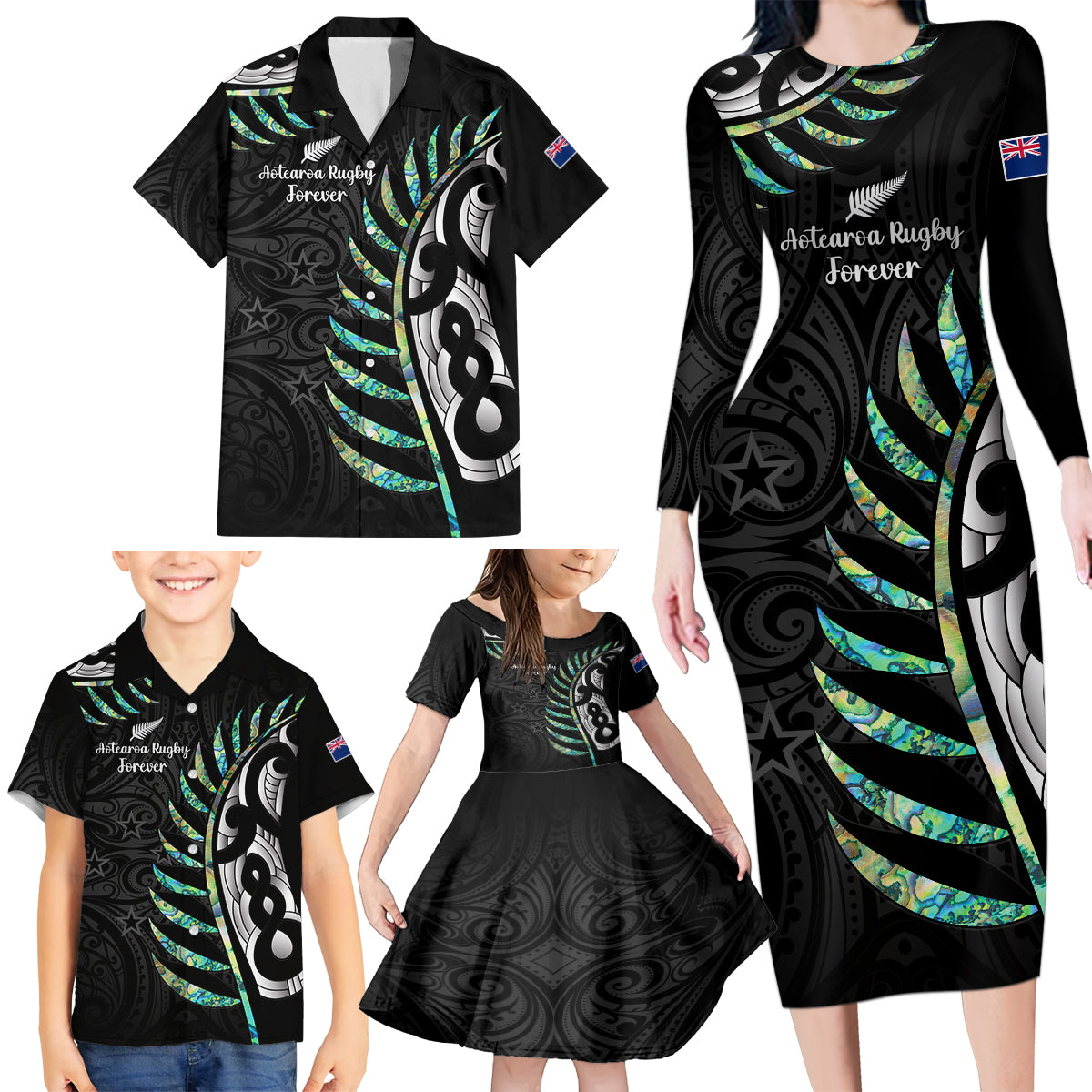 Personalised New Zealand Silver Fern Rugby Family Matching Long Sleeve Bodycon Dress and Hawaiian Shirt Paua Shell With Champions Trophy History NZ Forever LT14 - Polynesian Pride