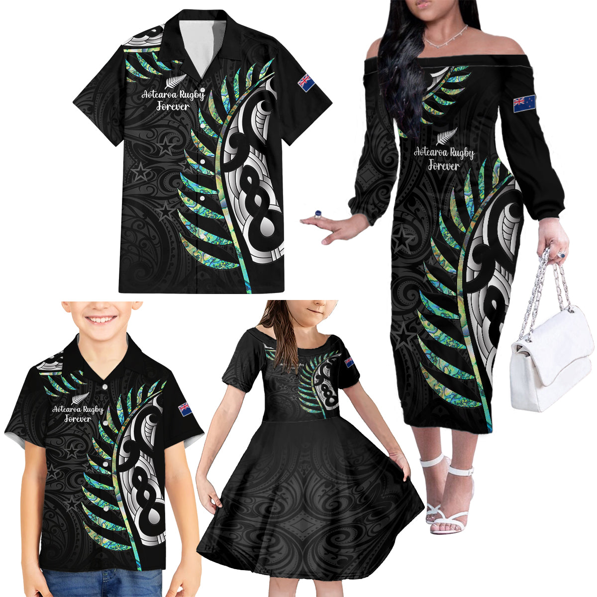 Personalised New Zealand Silver Fern Rugby Family Matching Off Shoulder Long Sleeve Dress and Hawaiian Shirt Paua Shell With Champions Trophy History NZ Forever LT14 - Polynesian Pride