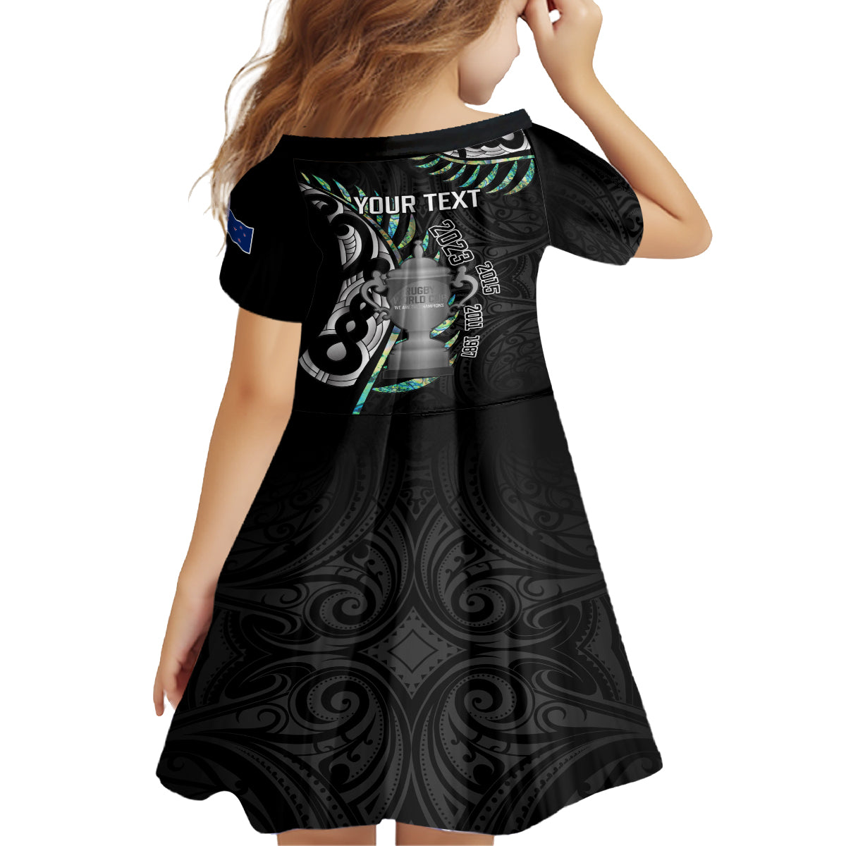 Personalised New Zealand Silver Fern Rugby Family Matching Off Shoulder Short Dress and Hawaiian Shirt Paua Shell With Champions Trophy History NZ Forever LT14 - Polynesian Pride