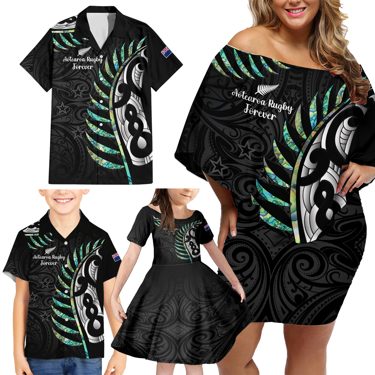 Personalised New Zealand Silver Fern Rugby Family Matching Off Shoulder Short Dress and Hawaiian Shirt Paua Shell With Champions Trophy History NZ Forever LT14 - Polynesian Pride