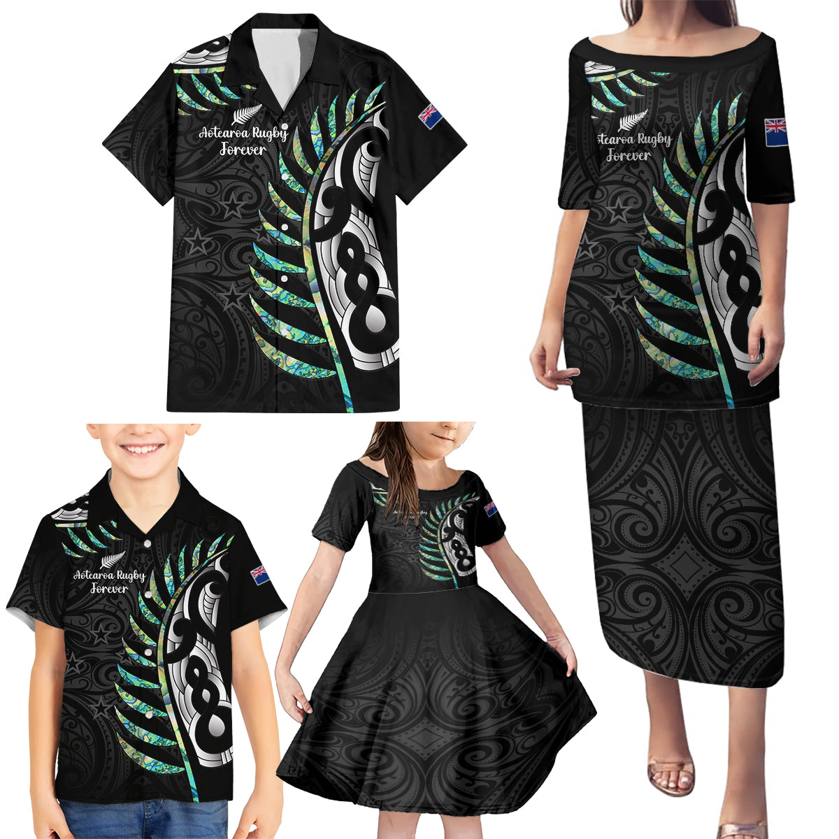 Personalised New Zealand Silver Fern Rugby Family Matching Puletasi Dress and Hawaiian Shirt Paua Shell With Champions Trophy History NZ Forever LT14 - Polynesian Pride