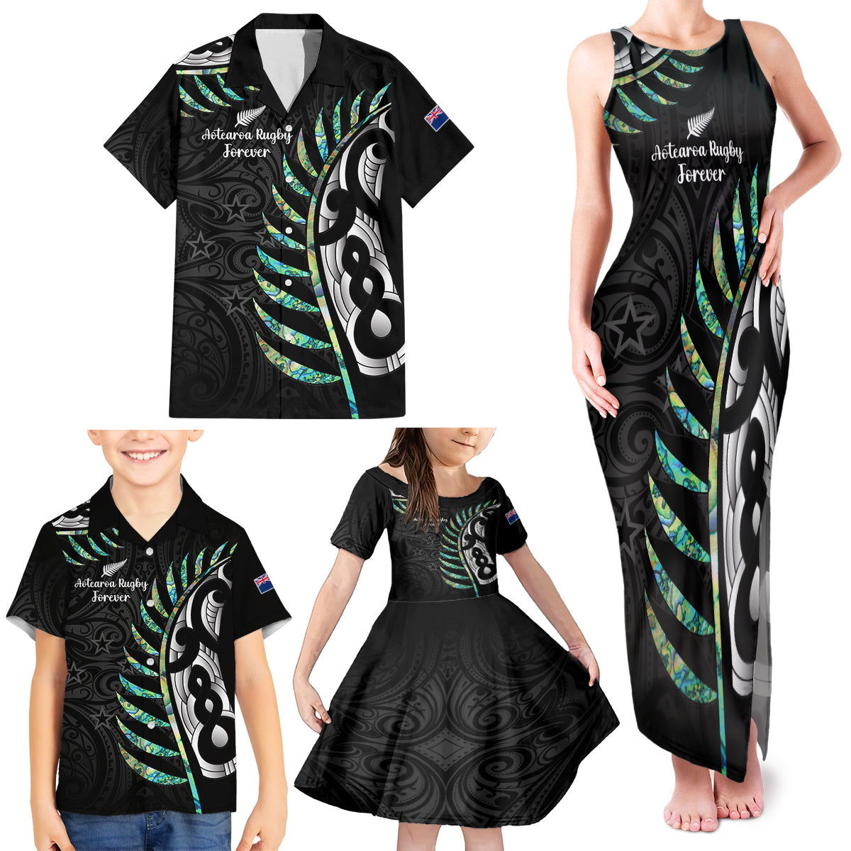 Personalised New Zealand Silver Fern Rugby Family Matching Tank Maxi Dress and Hawaiian Shirt Paua Shell With Champions Trophy History NZ Forever LT14 - Polynesian Pride