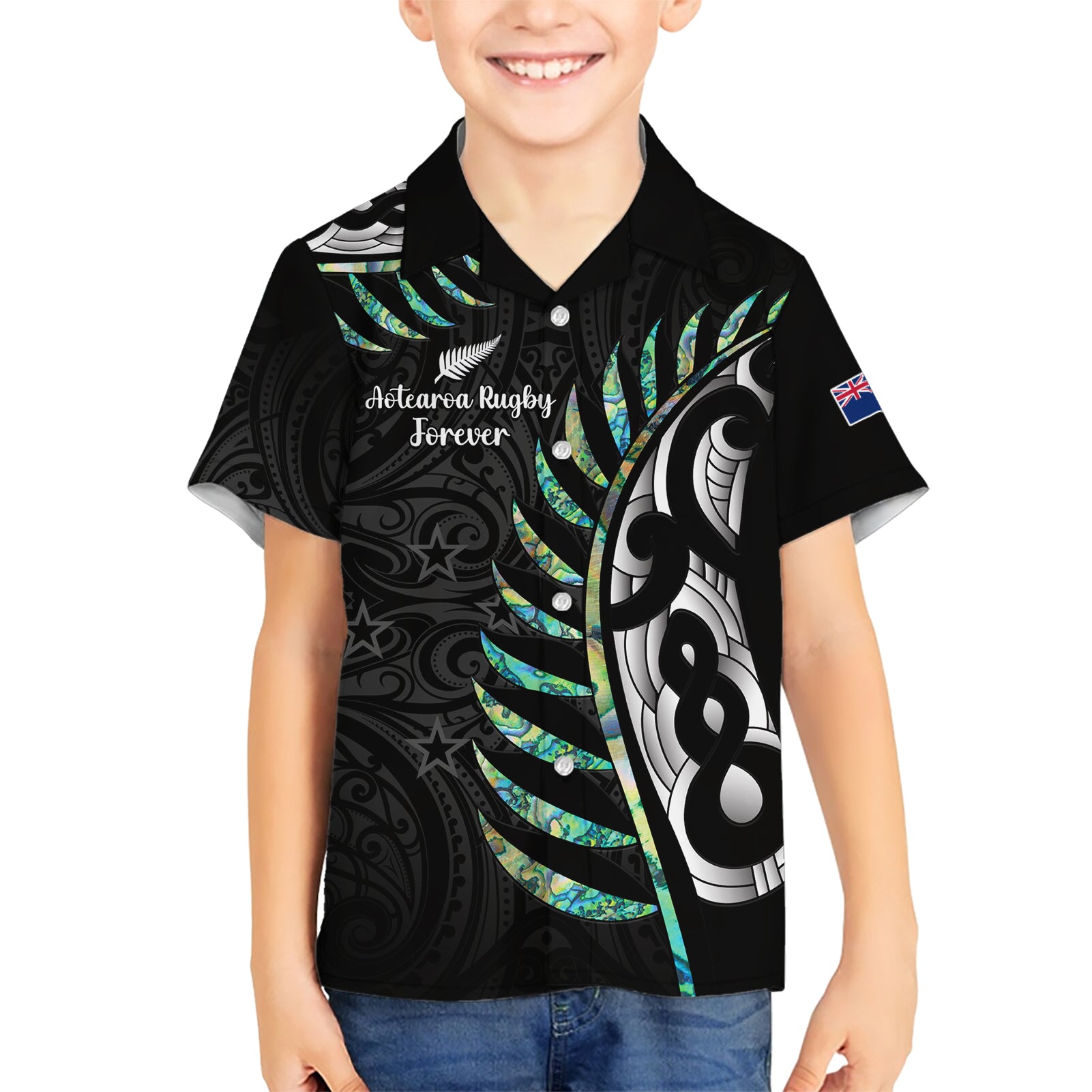 Personalised New Zealand Silver Fern Rugby Kid Hawaiian Shirt Paua Shell With Champions Trophy History NZ Forever LT14 Kid Black - Polynesian Pride