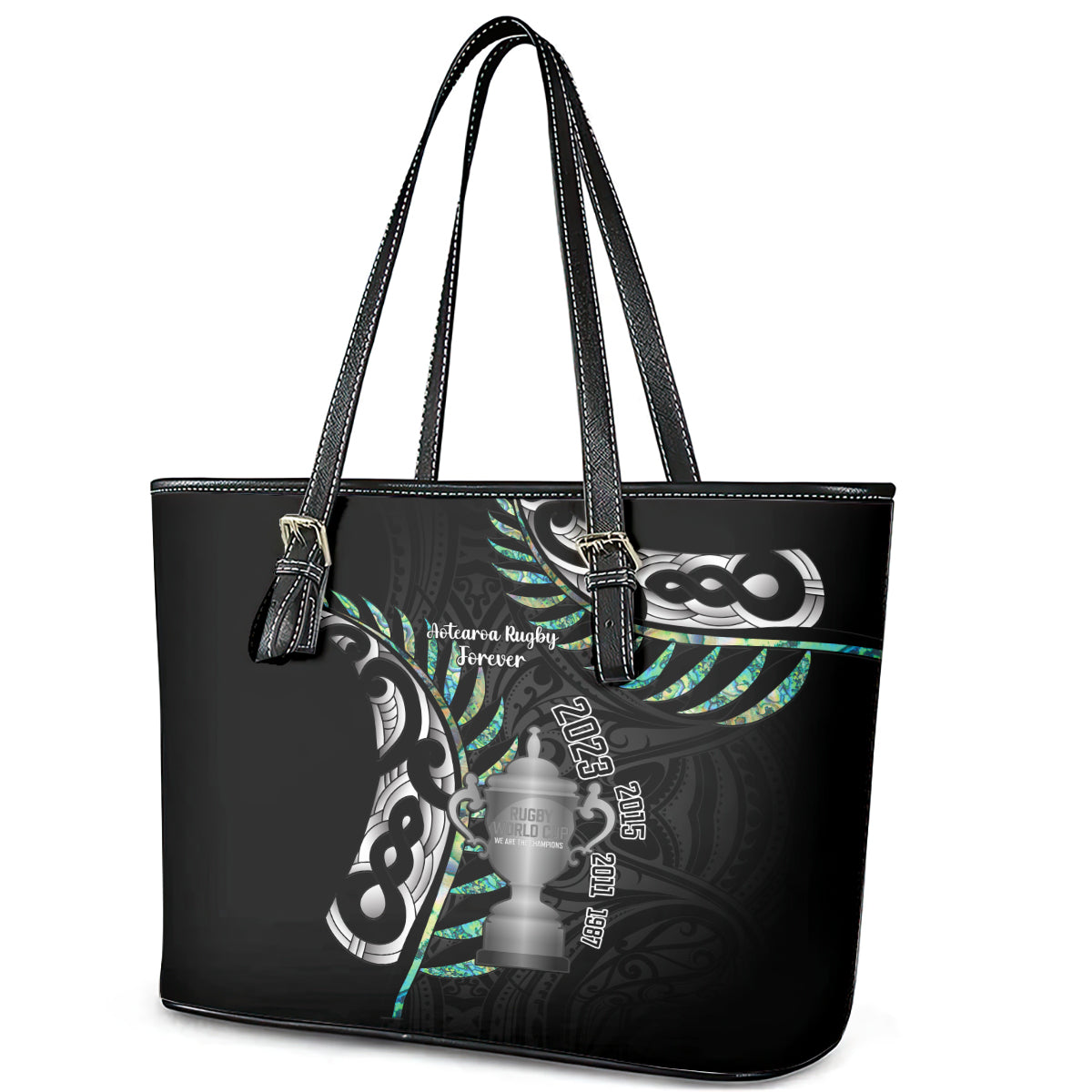 Personalised New Zealand Silver Fern Rugby Leather Tote Bag Paua Shell With Champions Trophy History NZ Forever LT14 - Polynesian Pride