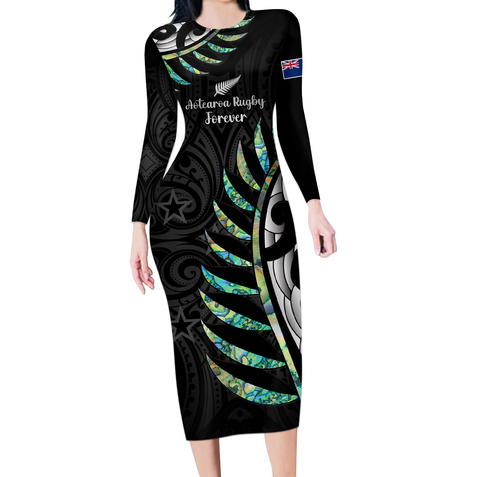 Personalised New Zealand Silver Fern Rugby Long Sleeve Bodycon Dress Paua Shell With Champions Trophy History NZ Forever LT14 Long Dress Black - Polynesian Pride