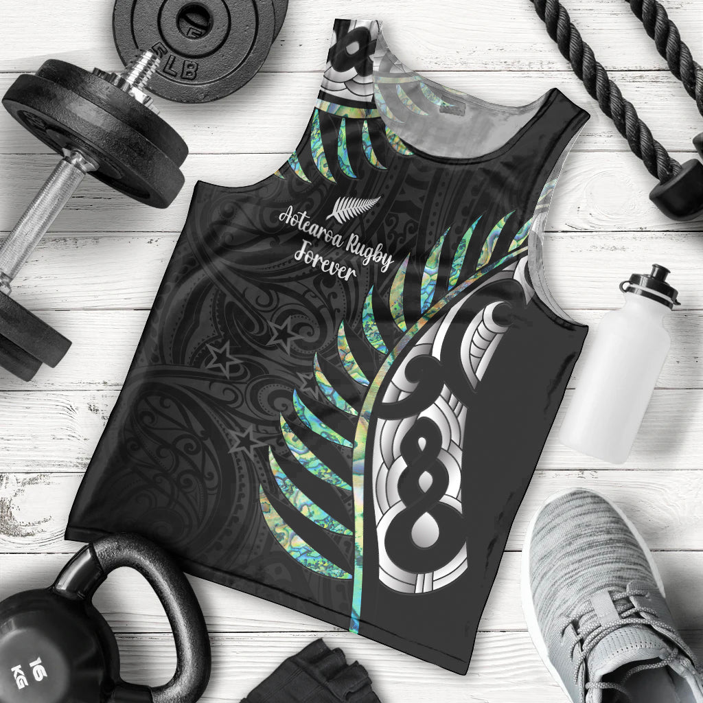 Personalised New Zealand Silver Fern Rugby Men Tank Top Paua Shell With Champions Trophy History NZ Forever LT14 Black - Polynesian Pride