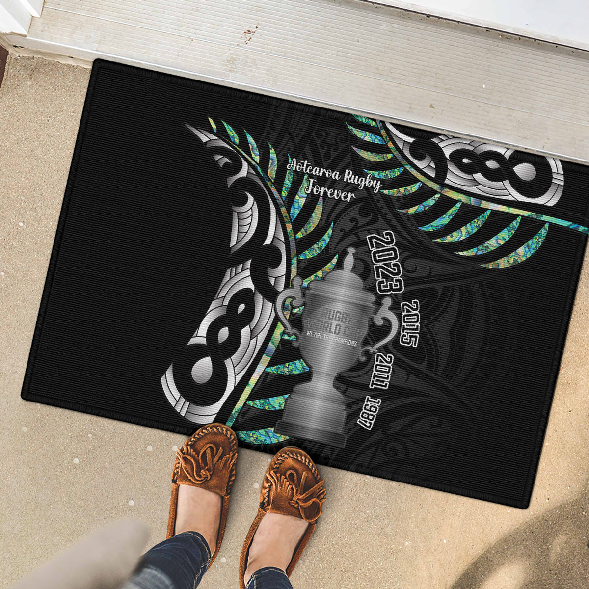 Personalised New Zealand Silver Fern Rugby Rubber Doormat Paua Shell With Champions Trophy History NZ Forever LT14 - Polynesian Pride