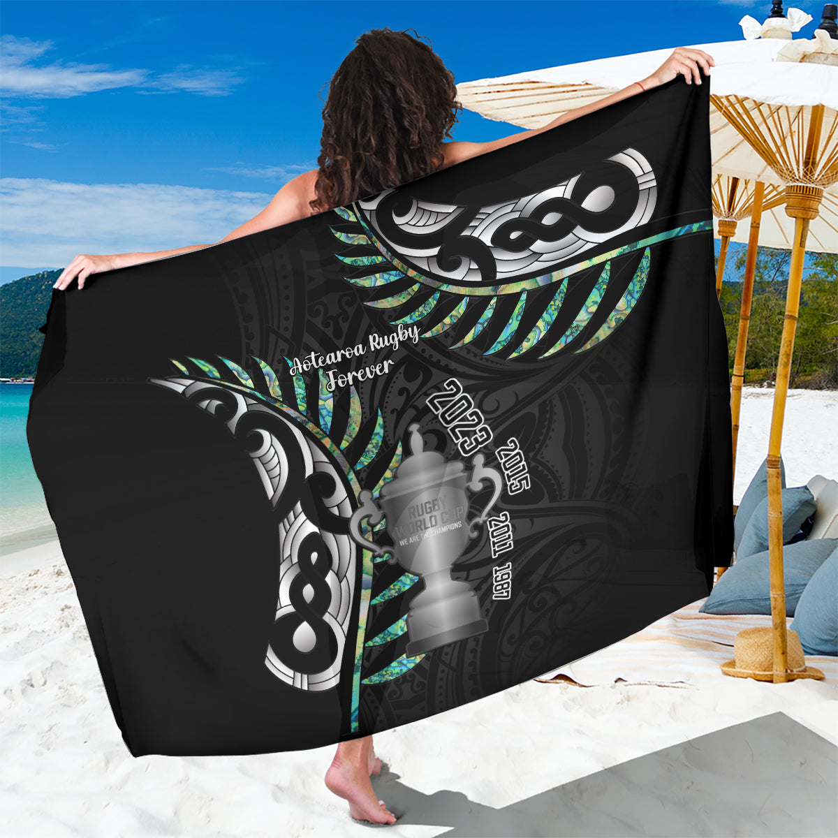 Personalised New Zealand Silver Fern Rugby Sarong Paua Shell With Champions Trophy History NZ Forever LT14 One Size 44 x 66 inches Black - Polynesian Pride